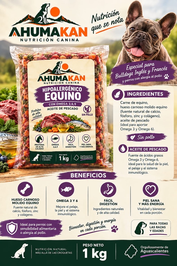 Bulldog francés junto al empaque de Ahumakan Equino Hipoalergénico