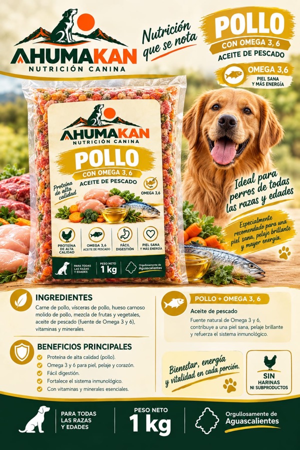 Golden retriever junto al empaque de Ahumakan Pollo con Omega 3 y 6